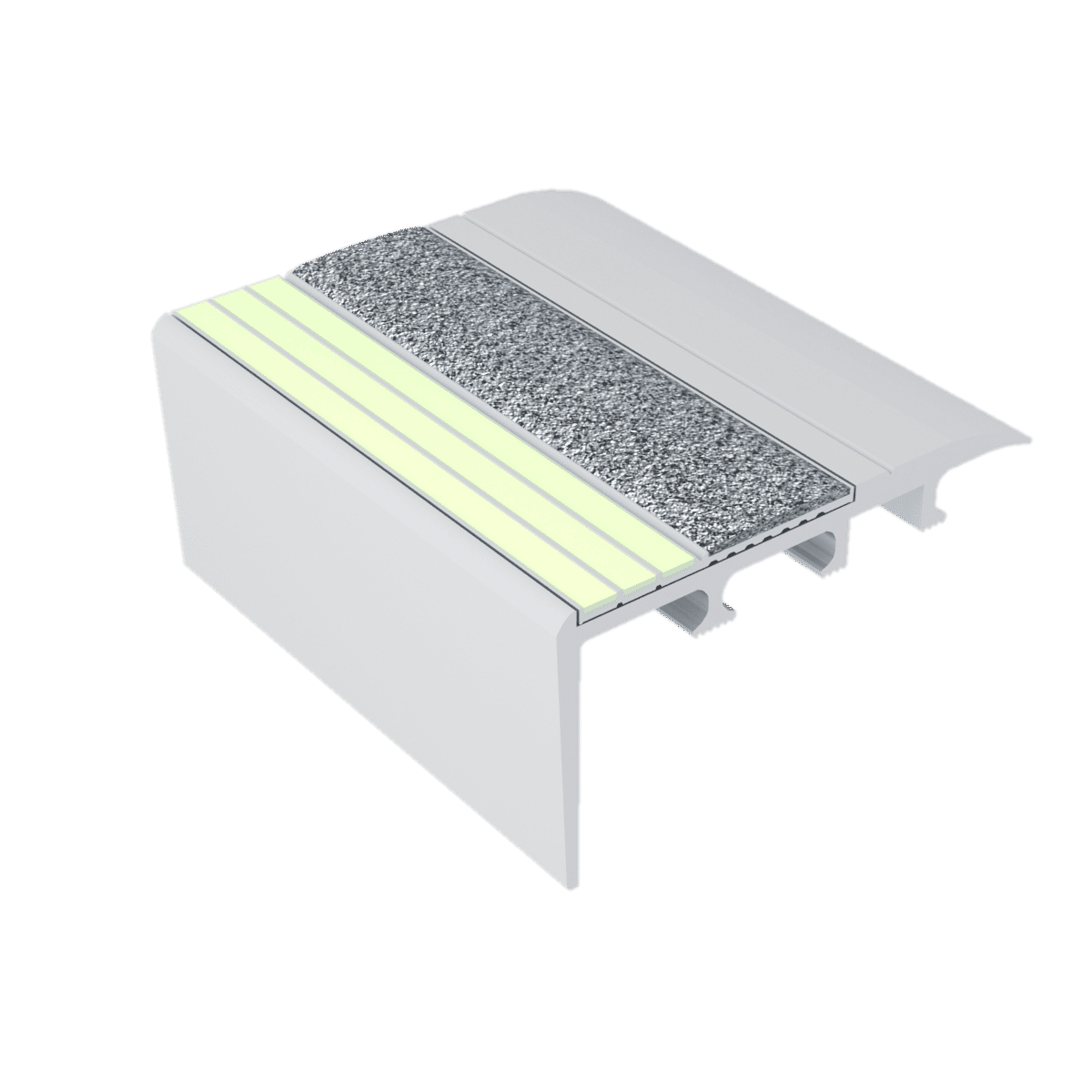 kinesik - ecoglo c4-e20 photoluminescent carpet stair nosing with grey anti-slip strip 2.7" (sold in linear feet) 1 kinesik - ecoglo c4-e20 photoluminescent carpet stair nosing w…