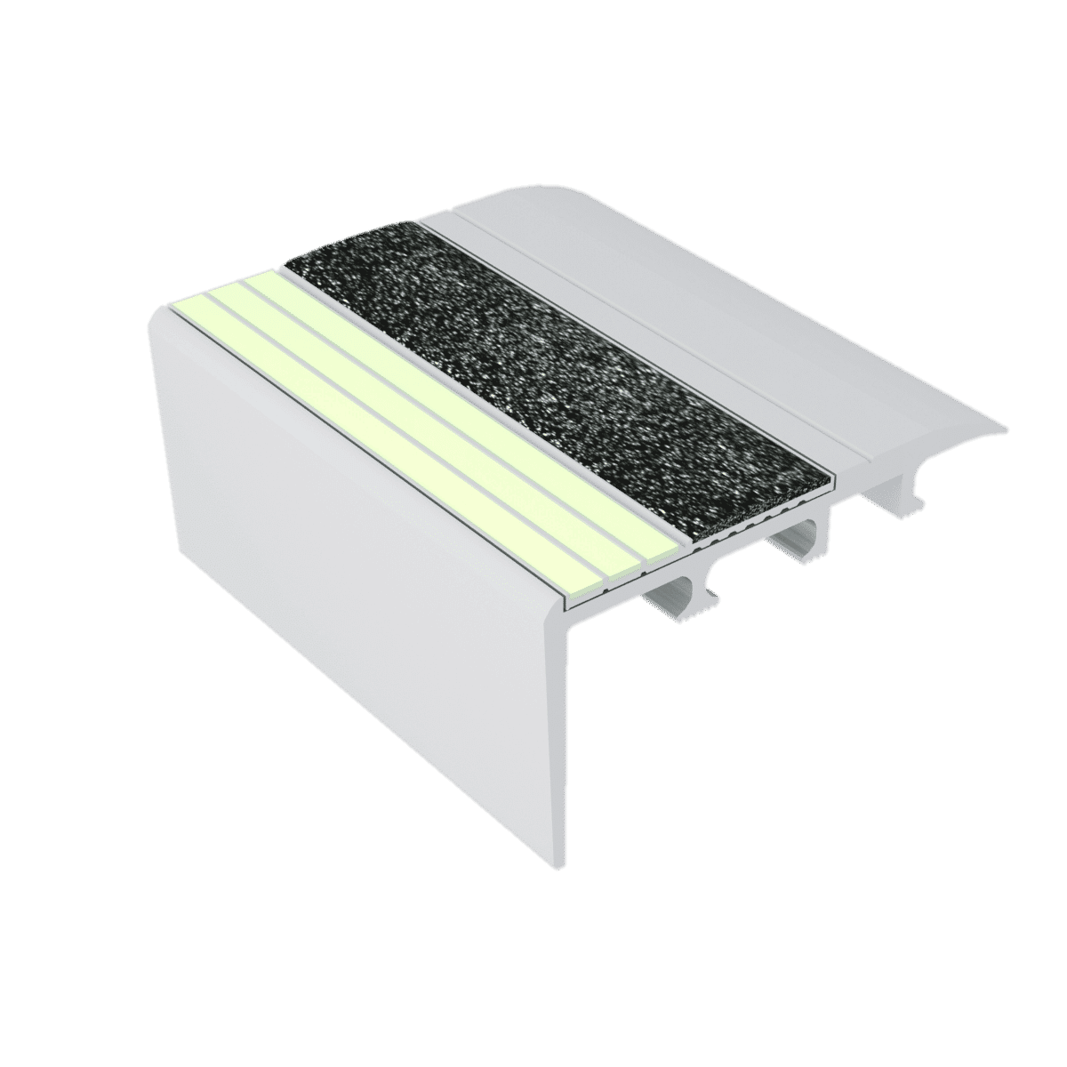 kinesik - ecoglo c4-e20 photoluminescent carpet stair nosing with black anti-slip strip 2.7" (sold in linear feet) 1 kinesik - ecoglo c4-e20 photoluminescent carpet stair nosing w…