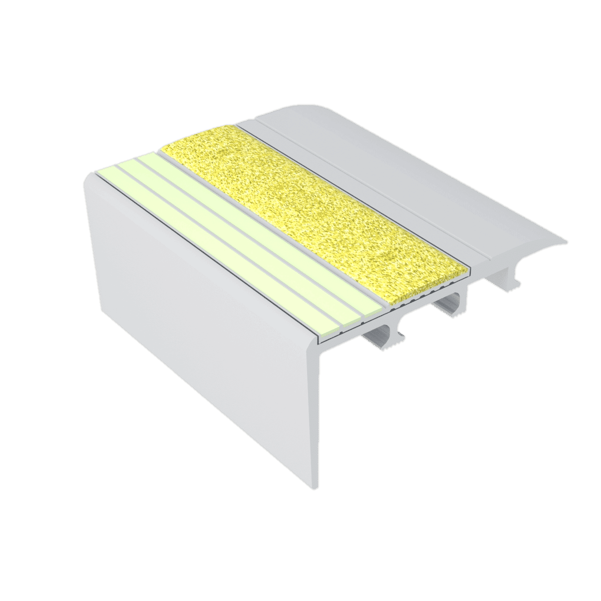 kinesik - ecoglo c4-e20 photoluminescent carpet stair nosing with yellow anti-slip strip 2.7" (sold in linear feet) 1 kinesik - ecoglo c4-e20 photoluminescent carpet stair nosing w…