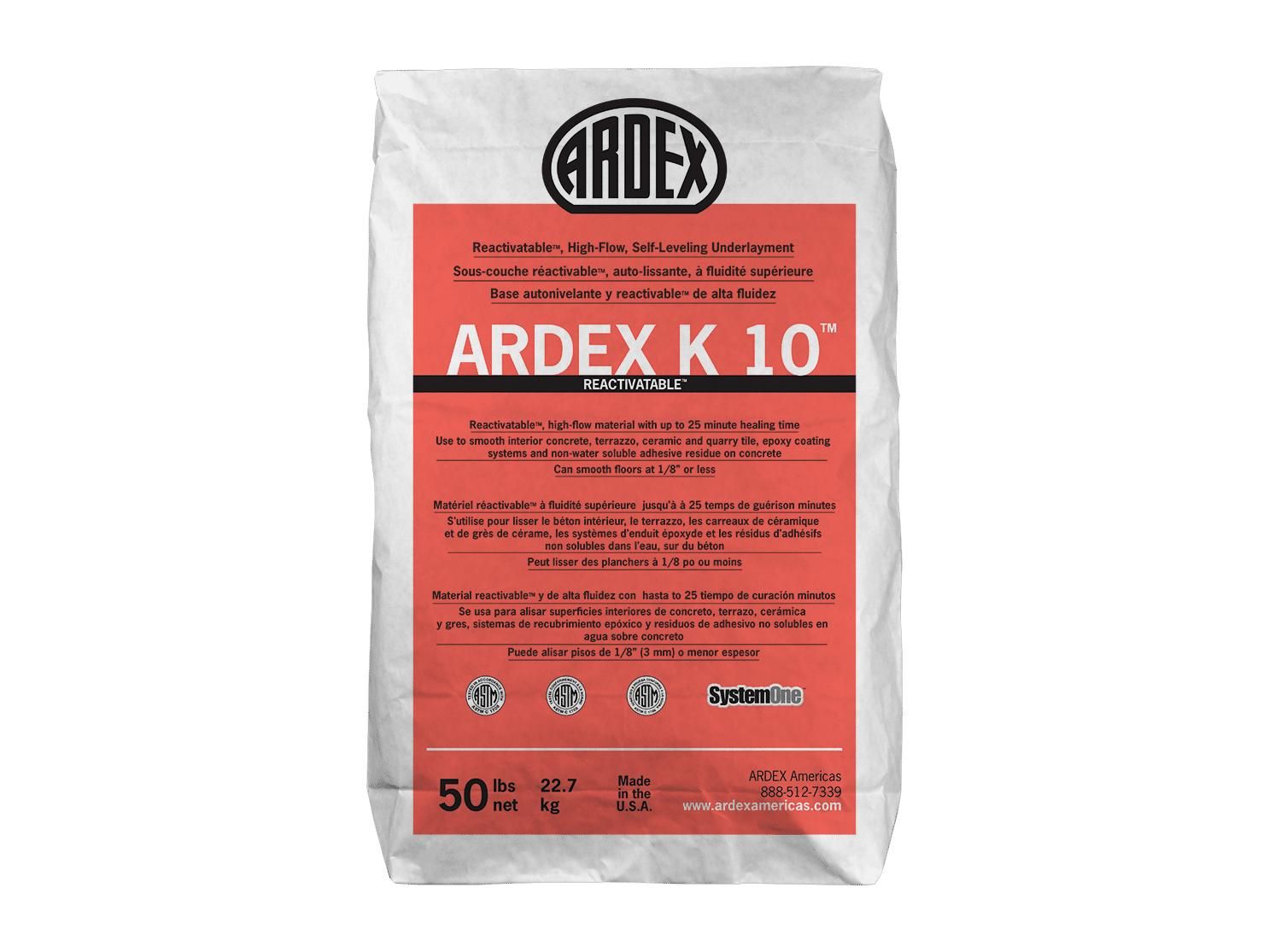 ardex - k 10 reactivatable high-flow self-leveling underlayment, gray - 50 lb 1 ardex - k 10 reactivatable high-flow self-leveling underlayment, gray - 50 lb