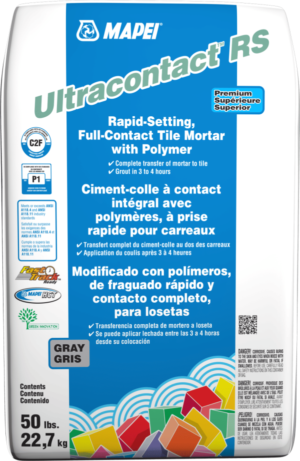 mapei - ultracontact rs ultra premium rapid-setting full-contact mortar, gray - 50 lb