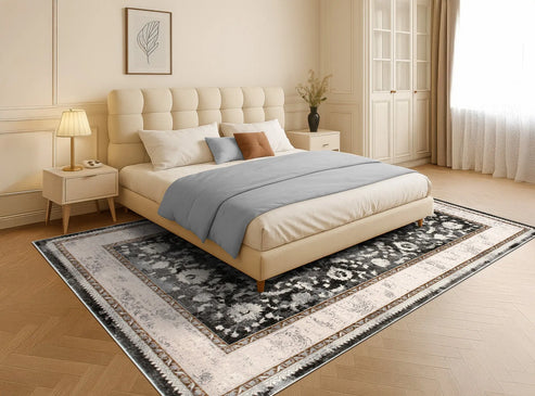 dark grey ivory traditional bordered living room bedroom area rug - 3'11" x 5'3" 2 dark grey ivory traditional bordered living room bedroom area rug - 3'11" x 5'3" - image 2