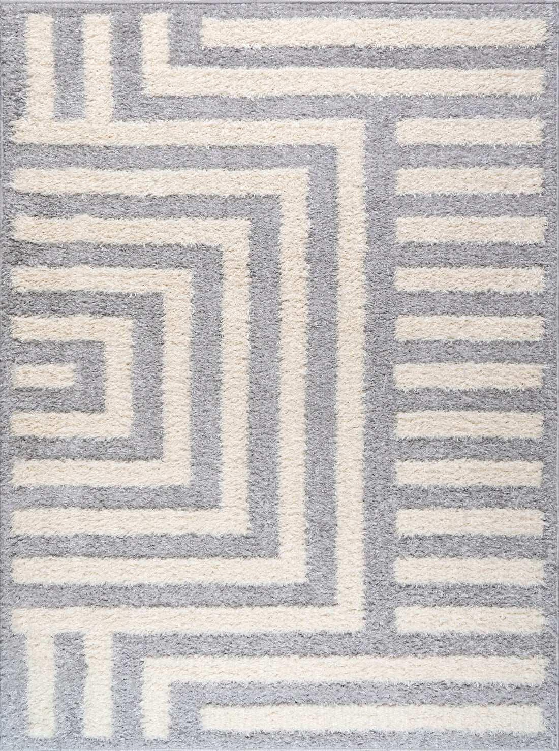 grey off white straped fluffy shaggy minimalistic area rug for living room, bedroom - 9' x 12'5" 2 grey off white straped fluffy shaggy minimalistic area rug for living room, bedroom - 9' x 12'5" - image 2