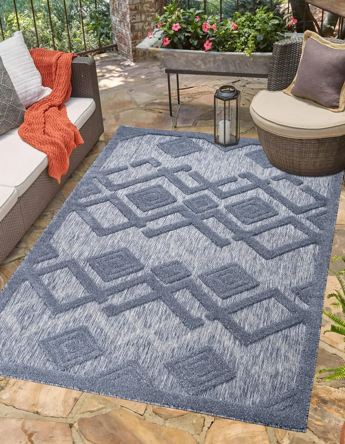 geometric modern contemporary outdoor indoor area rug carpet for patio, porch, dining area, balcony, living room, bedroom - salmon red, blue, cream beige, grey - 5'3" x 7'3" 1 geometric modern contemporary outdoor indoor area rug carpet for patio, porch, dining area, balcony, living room, bedroom - salmon red, blue, cream beige, grey - 5'3" x 7'3"