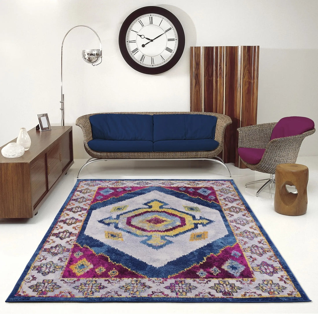 huma ikat traditional style european purple blue floor mat carpet - 3'11" x 5'7" 1 huma ikat traditional style european purple blue floor mat carpet - 3'11" x 5'7"