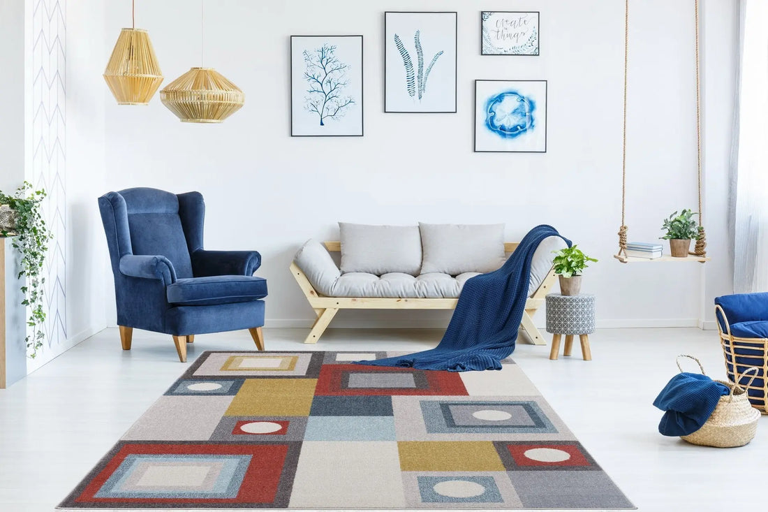 logan bohemian squares and multicolor round carpet - 2'7" x 9'10" 1 logan bohemian squares and multicolor round carpet - 2'7" x 9'10"